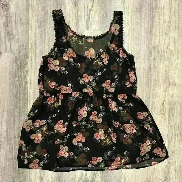 Kirra PacSun Sheer Black Floral Lace Tank Top Sleeveless Babydoll Shirt Size M - Picture 6 of 6